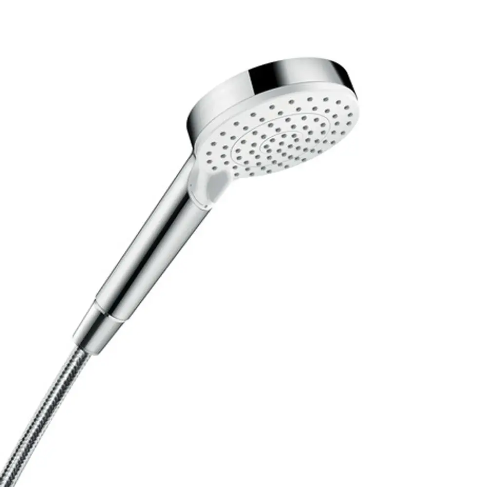 Handbrause mit runder Duschkopf-Oberfläche in Weiß und Chrom, befestigt an einem flexiblen Schlauch. Produkt von Hansgrohe, geeignet für die Montage in Badezimmern.